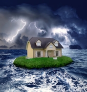 Cartoon house on a small island during a storm