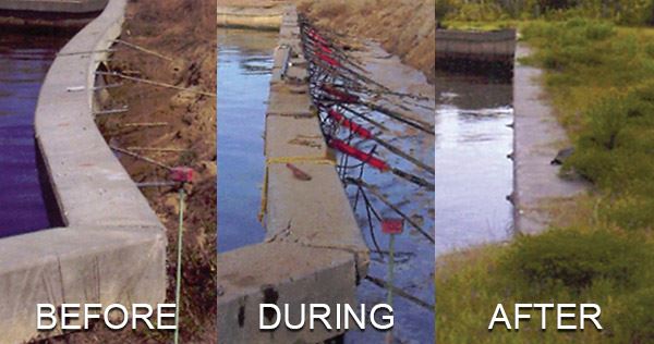 Gainesville Seawall before, during, and after repair 