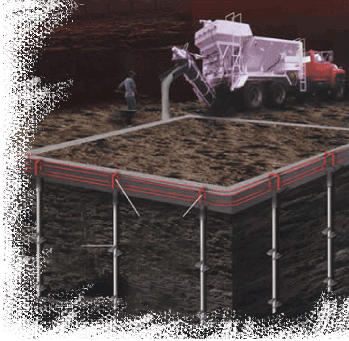 Illustration of preconstruction phase: helical piers installed with concrete being poured over them