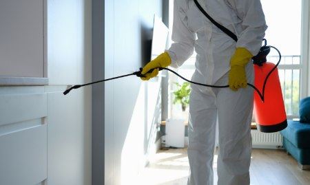A technician wearing protective gear while removing mold-infested materials from a building.