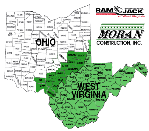 Map of Southeast Ohio and West Virginia showing territory of Moran Construction, Inc.